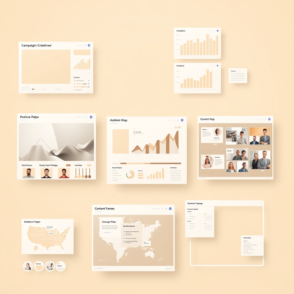 Collage of campaign creatives, charts and audience maps on a beige background